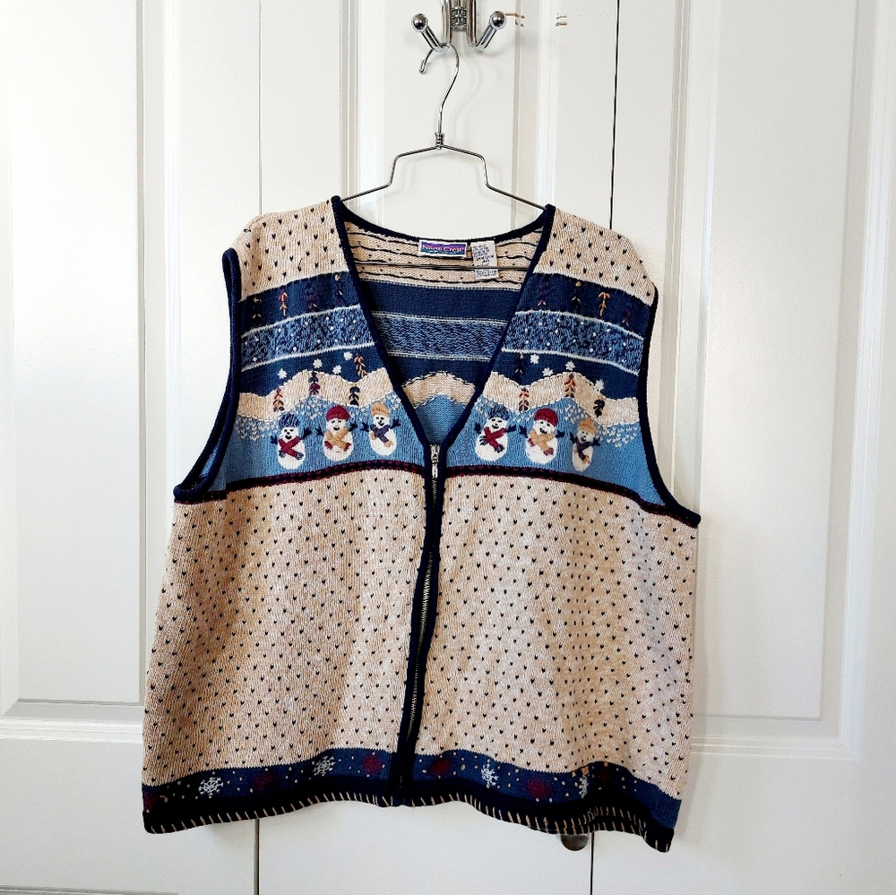 Dancing Snowmen on Lake Christmas Beige & Blue Sweater‎ Vest 26W/28W Northcrest